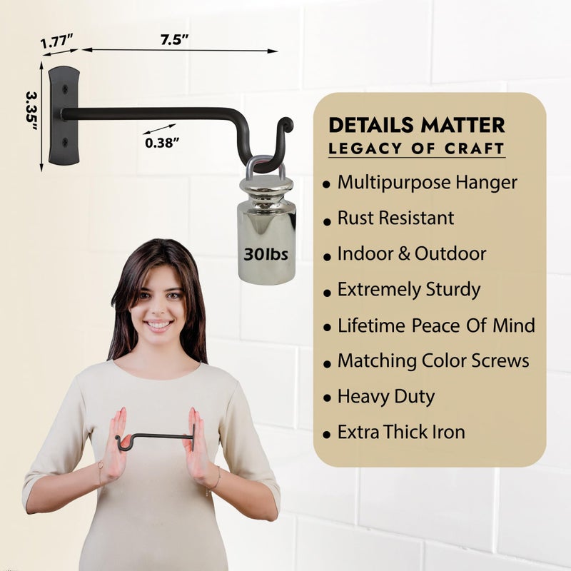 RTZEN Plant Hangers Indoor or Outdoor - Wrought Iron Metal Hanger Indoor Hook - Heavy Duty Wall Bracket Hooks for Hanging Plants Baskets Lanterns Wind Chimes - 2 Pack (Black Shepherds Hooks 7.5") - Image 2
